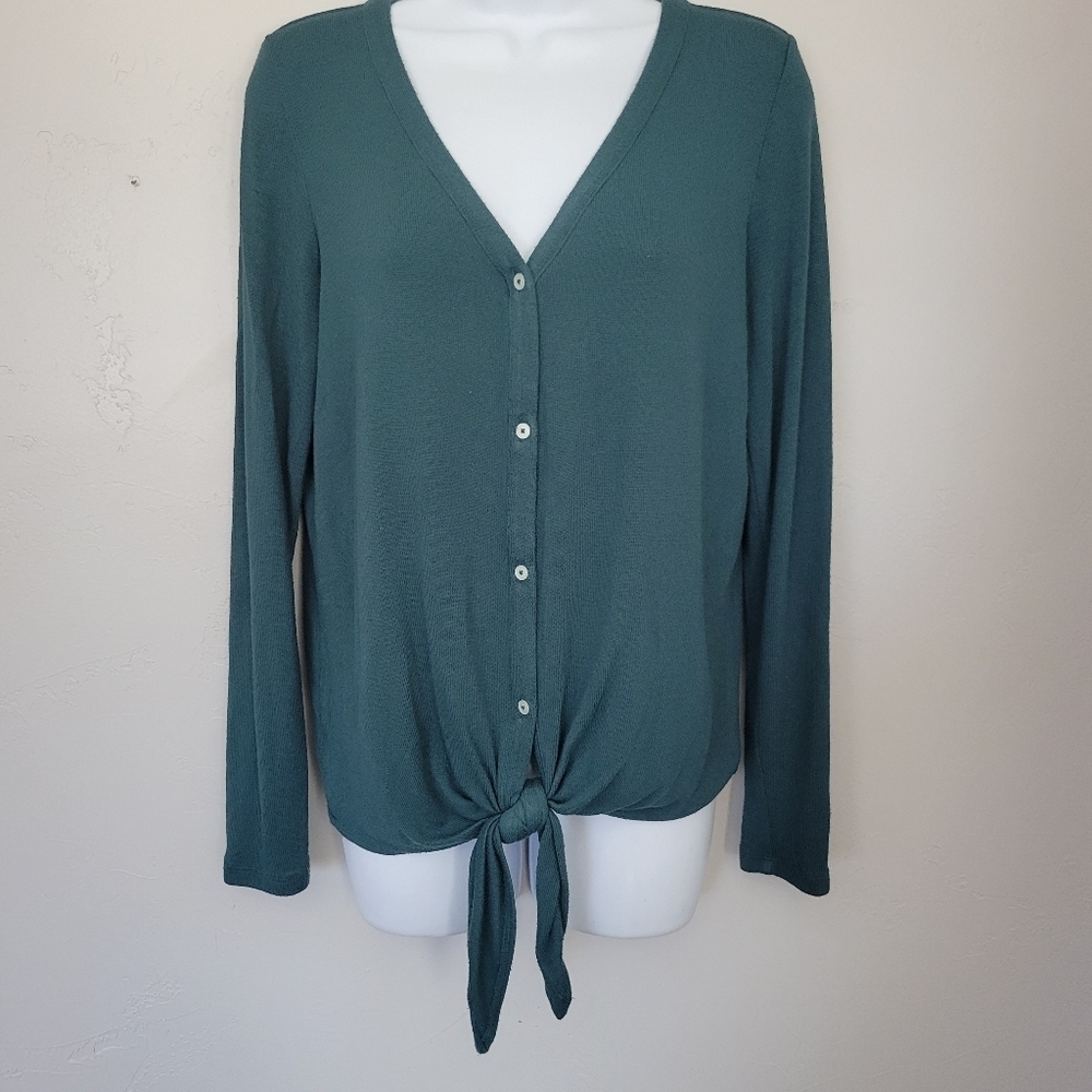 Loft Women's XS Teal Blue Green Long Sleeve Shirt Button Front Knot V-neck Top